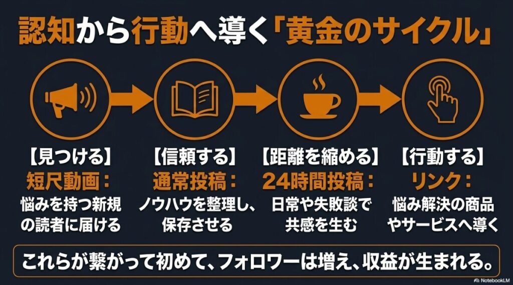 インスタでフォロワー1万人はすごい？割合：短尺動画で認知を獲得し、通常投稿で信頼を築き、24時間投稿で距離を縮め、リンクで行動を促すという黄金のサイクル