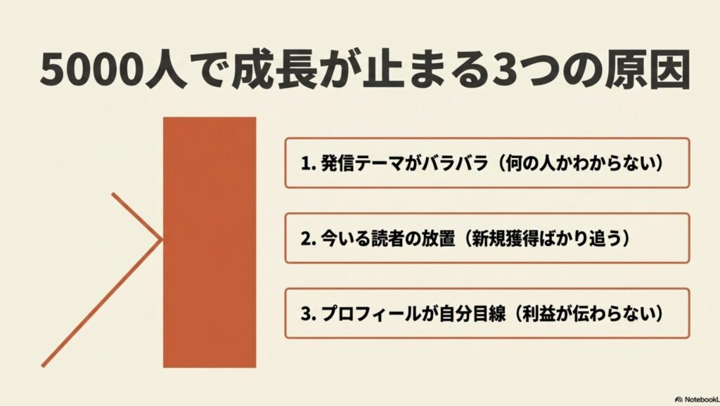 インスタのフォロワー5000人の収入は？一般人の実例で詳しく解説：フォロワー5000人で成長が止まる3つの原因：1.発信テーマがバラバラ、2.今いる読者の放置、3.プロフィールが自分目線