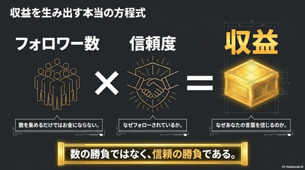 インスタの収益は「フォロワー数×信頼度」の方程式で決まり、数を集めるだけではお金にならないことを表した図解