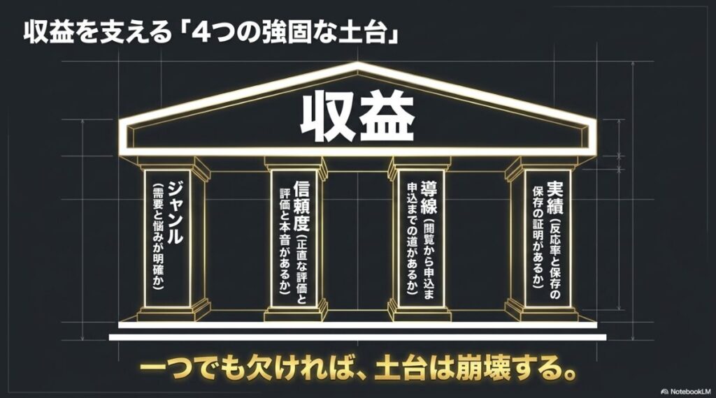 インスタの収益を支える4つの強固な土台(ジャンル、信頼度、導線、実績)を表した神殿の図解