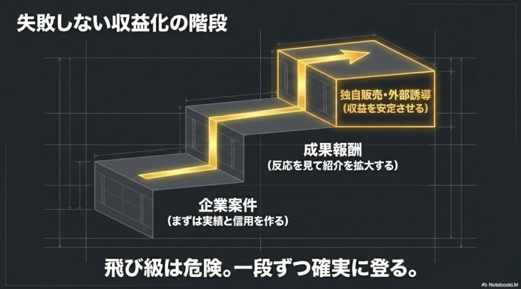 企業案件で実績を作り、成果報酬、独自販売や外部誘導へと一段ずつ確実に登る収益化の階段の図解