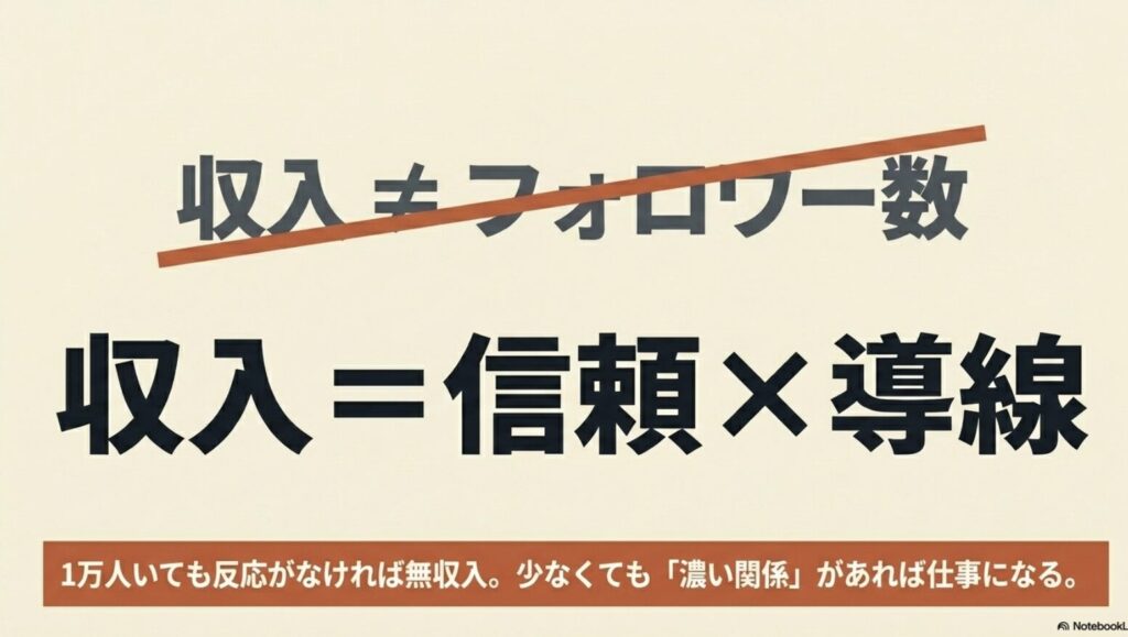 インスタのフォロワー5000人の収入は？一般人の実例で詳しく解説：収入≠フォロワー数。収入＝信頼×導線。1万人いても反応がなければ無収入だが、少なくても濃い関係があれば仕事になるという解説図