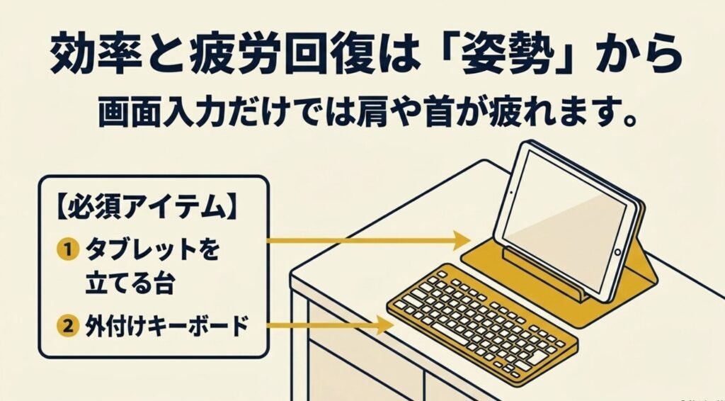 【iPadで副業】データ入力の完全在宅ガイドと失敗しない選び方 : 画面入力だけでは肩や首が疲れるため、効率と疲労回復にはタブレットを立てる台と外付けキーボードが必須アイテムであることを説明するスライド画像