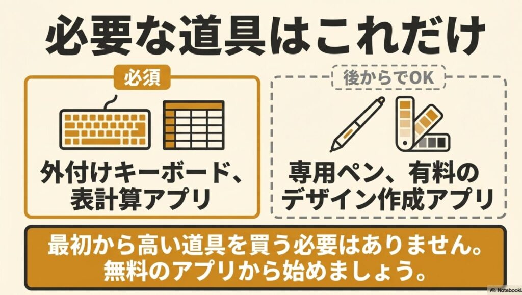 iPadでできる副業は?初心者におすすめをYUMIの体験談で解説 : 必要な道具のリスト。最初から高い道具を買う必要はなく無料アプリから始め、外付けキーボードや有料アプリは後からでOKという解説 。