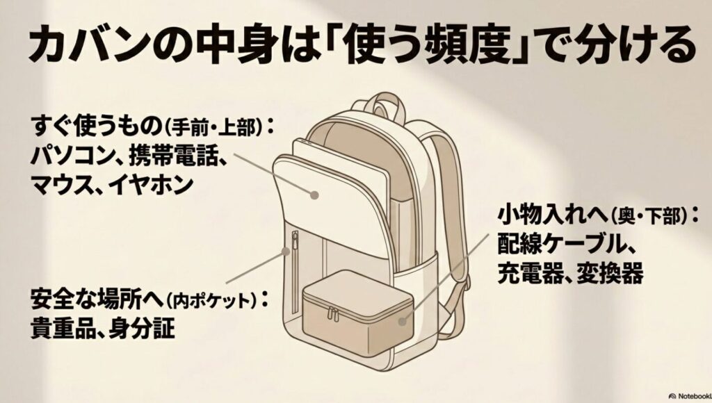 ノマドワーカーの持ち物│ガジェットやバッグのおすすめ完全ガイド : カバンの中身を使用頻度で分ける収納術:すぐ使うもの・安全な内ポケット・奥の小物入れ