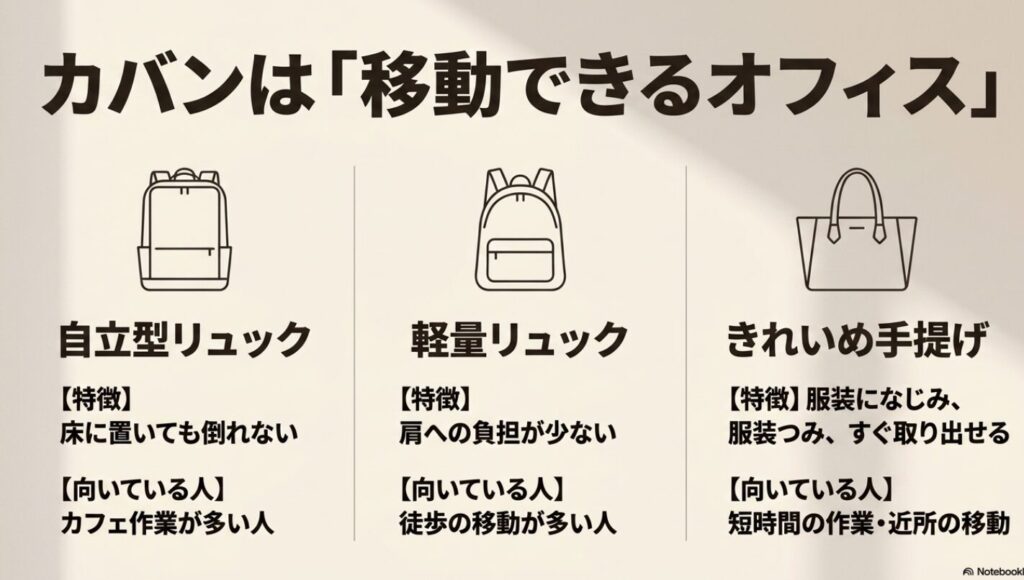 ノマドワーカーの持ち物│ガジェットやバッグのおすすめ完全ガイド : 移動できるオフィスとしてのカバン比較:自立型リュック・軽量リュック・きれいめ手提げ