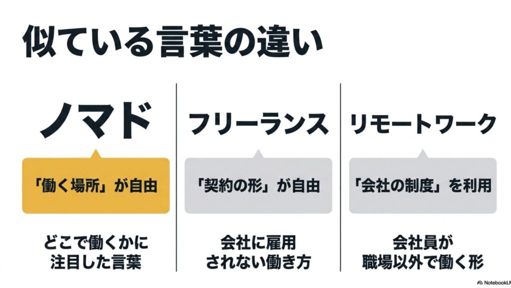 ノマドワーカーとは？意味と働き方やメリット・デメリットを完全解説 : ノマド、フリーランス、リモートワークにおける働く場所や契約形態の違いを比較した図