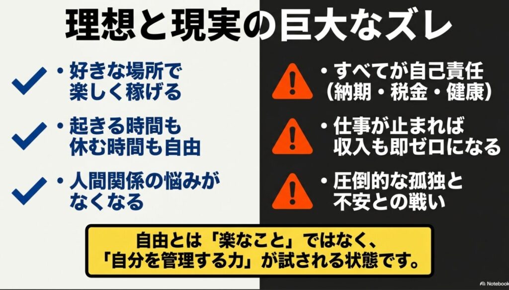 ノマドワーカーはやめとけ?現実と末路を経験者が本音で徹底解説 : 好きな場所で楽しく稼げるという理想に対して、すべてが自己責任で圧倒的な孤独と不安との戦いという現実のズレを示した図