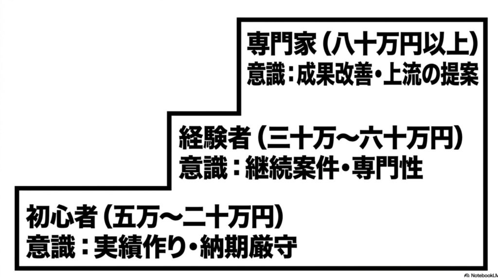 ノマドワーカーの年収と収入の現実を体験談で徹底解説します : 初心者(5万〜20万円)、経験者(30万〜60万円)、専門家(80万円以上)というノマドワーカーの収入段階と、それぞれの段階で必要な意識(実績作り、継続案件、上流の提案など)の解説図 。