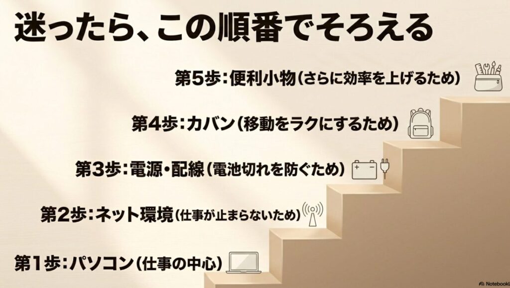 ノマドワーカーの持ち物│ガジェットやバッグのおすすめ完全ガイド : パソコン・ネット環境・電源・カバン・便利小物の5ステップ