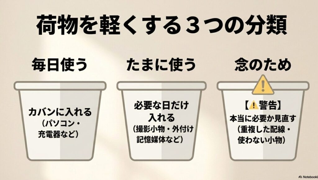 ノマドワーカーの持ち物│ガジェットやバッグのおすすめ完全ガイド : 持ち物を「毎日使う」「たまに使う」「念のため」の3つに分類し、荷物を見直す基準を示しています 。