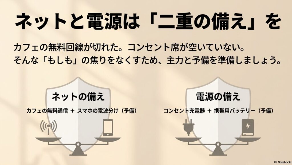 ノマドワーカーの持ち物│ガジェットやバッグのおすすめ完全ガイド : ネット環境(無料通信+スマホ)と電源(コンセント+バッテリー)の主力と予備を天秤のイラストで表現しています 。