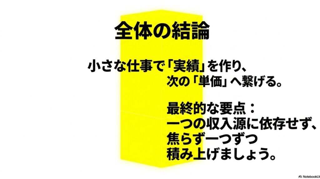 ノマドワーカーの年収と収入の現実を体験談で徹底解説します : 小さな仕事で実績を作り単価へ繋げるという全体の結論と、一つの収入源に依存せず焦らず積み上げるという最終的な要点まとめ 。