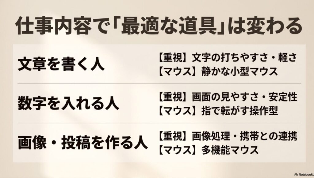 ノマドワーカーの持ち物│ガジェットやバッグのおすすめ完全ガイド : 仕事内容で変わる最適な道具:文章を書く人・数字を入れる人・画像投稿を作る人向けのマウス選び