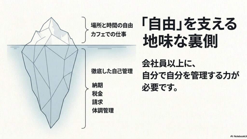 ノマドワーカーになるには?スキルなしでも可能?何をしてるか解説 : 場所と時間の自由を支える地味な裏側(納期・税金・請求・体調管理など徹底した自己管理が必要)
