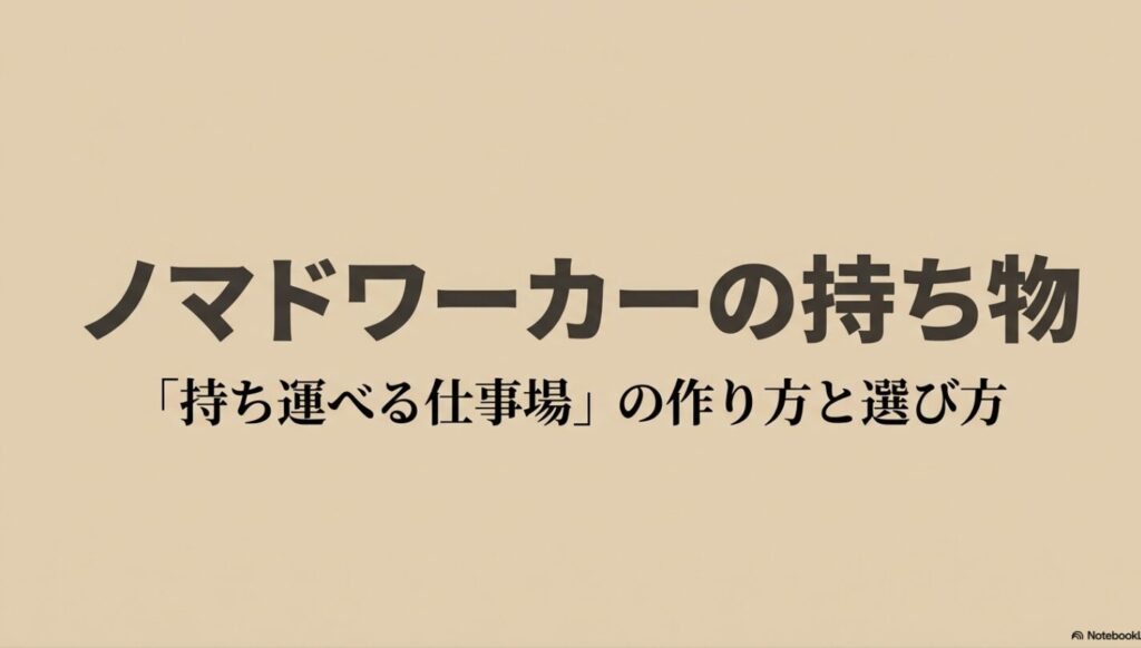 ノマドワーカーの持ち物│ガジェットやバッグのおすすめ完全ガイド : このスライドは「ノマドワーカーの持ち物」および「「持ち運べる仕事場」の作り方と選び方」と記載された表紙です 。