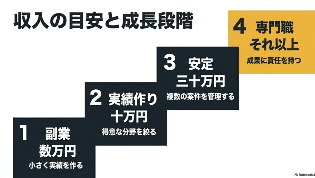 ノマドワーカーとは？意味と働き方やメリット・デメリットを完全解説 : 副業から始まり、実績作り、安定、専門職へと進むノマドワーカーの収入目安の4ステップ