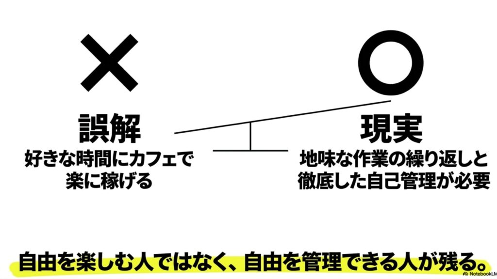ノマドワーカーの年収と収入の現実を体験談で徹底解説します : 好きな時間にカフェで楽に稼げるという誤解と、地味な作業の繰り返しと徹底した自己管理が必要というノマドワーカーの現実の比較図 。自由を管理できる人が残るという要点 。