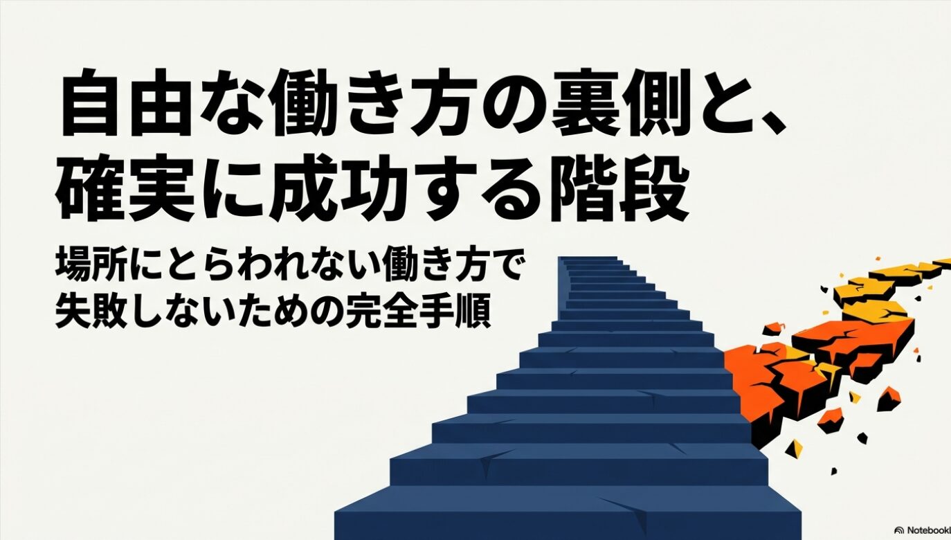 ノマドワーカーはやめとけ?現実と末路を経験者が本音で徹底解説 : 自由な働き方の裏側と、確実に成功する階段。場所にとらわれない働き方で失敗しないための完全手順のタイトルスライド