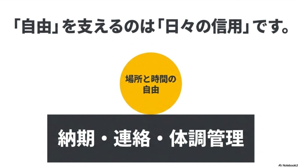 ノマドワーカーとは？意味と働き方やメリット・デメリットを完全解説 : 納期、連絡、体調管理など日々の信用がノマドワーカーの場所と時間の自由を支えるというメッセージ