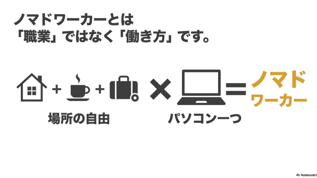 ノマドワーカーとは？意味と働き方やメリット・デメリットを完全解説 : 家やカフェなどの場所の自由とパソコンを掛け合わせたノマドワーカーの働き方イメージ