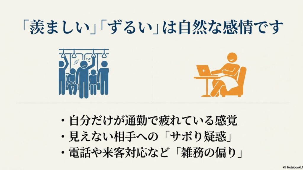 在宅ワークは羨ましいしずるい？出社組の本音と働く現実 : 自分だけが通勤で疲れている感覚やサボり疑惑など、在宅ワークを羨ましい・ずるいと感じる自然な感情と出社組の本音