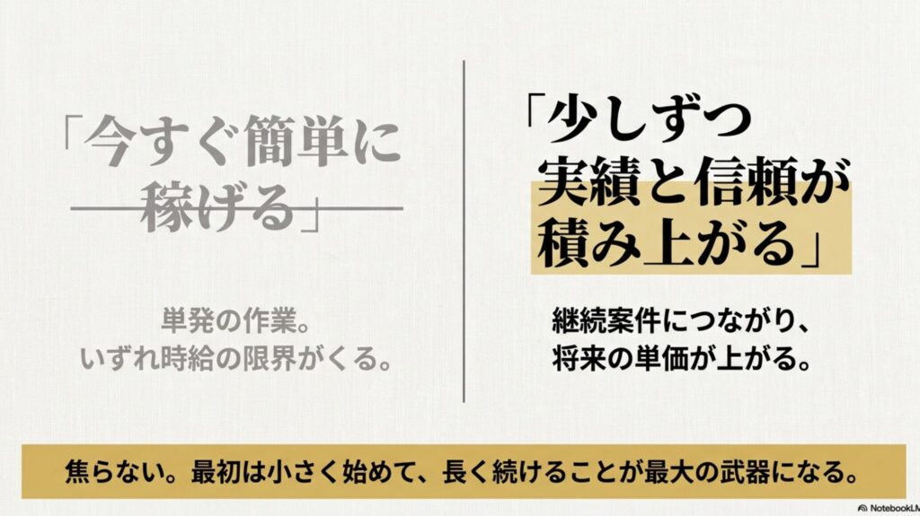 在宅ワークできる仕事は何がある？おすすめ職種と仕事内容 : 今すぐ簡単に稼げる単発作業はいずれ時給の限界がくるのに対し、少しずつ実績と信頼が積み上がる仕事は将来の単価アップにつながることを比較した図 。