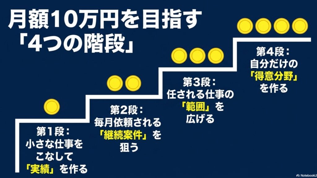 オンライン秘書とは？仕事や業務内容・何するか完全ガイド : 小さな仕事をこなす、継続案件を狙う、仕事の範囲を広げる、得意分野を作るという、月10万円達成への4ステップのロードマップ