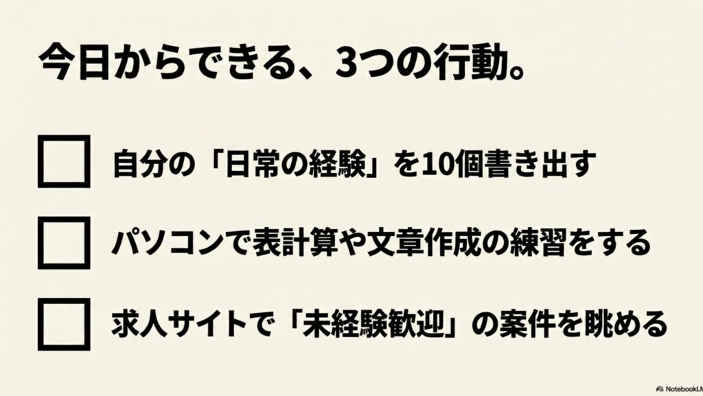 オンライン秘書に必要なスキルとは?資格・勉強法・本で解説 : 自分の日常の経験を10個書き出す、パソコンで表計算や文章作成の練習をする、求人サイトで未経験歓迎の案件を眺めるという今日からできる3つのアクションリスト
