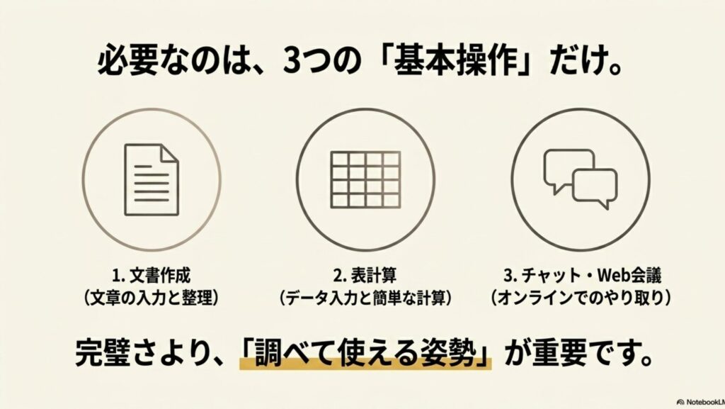 オンライン秘書に必要なスキルとは?資格・勉強法・本で解説 : 文書作成、表計算、チャット・Web会議の3つの基本操作ができれば十分であり、完璧さよりも調べて使える姿勢が重要であることを示す図解