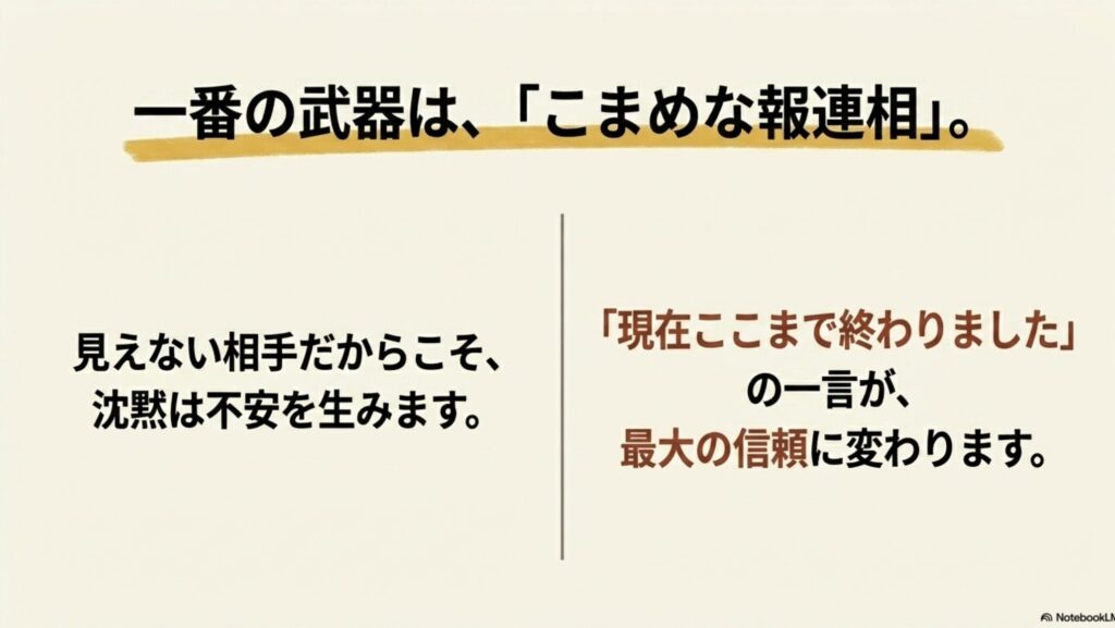 オンライン秘書に必要なスキルとは?資格・勉強法・本で解説 : 見えない相手だからこそ沈黙は不安を生むため、「現在ここまで終わりました」の一言が最大の信頼に変わることを伝えるスライド