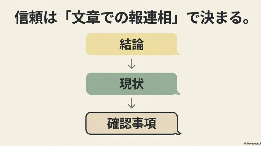 オンライン秘書の怪しい評判を検証!安全な副業の選び方 : 結論、現状、確認事項の順番で伝えるなど、信頼は文章での報連相で決まることを示すスライド