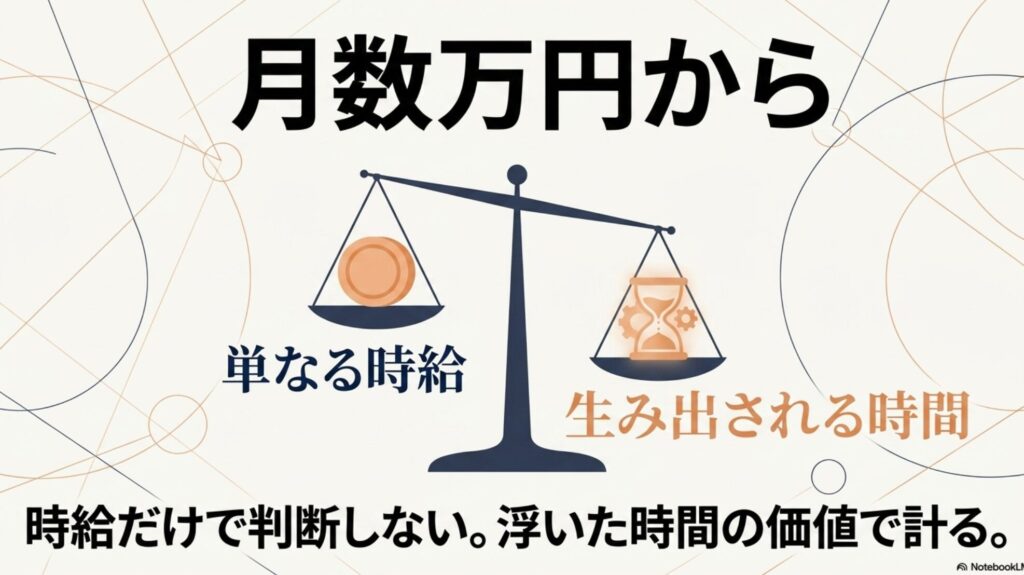 オンライン秘書のメリット・デメリットと失敗しない始め方 : 月数万円から利用でき 、単なる時給 ではなく生み出される時間 の価値で判断すべきであることを示すスライド 。