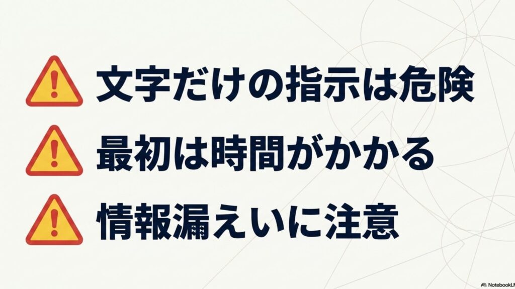 オンライン秘書のメリット・デメリットと失敗しない始め方 : 文字だけの指示は危険、最初は時間がかかる、情報漏えいに注意という3つの注意喚起を示すスライド 。文字だけの指示は危険、最初は時間がかかる、情報漏えいに注意という3つの注意喚起を示すスライド 。