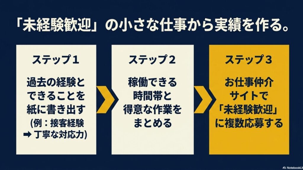 オンライン秘書になるには？未経験の始め方完全ガイド : 過去の経験とできることを紙に書き出す、稼働できる時間帯と得意な作業をまとめる、お仕事仲介サイトで未経験歓迎に複数応募するという実績作りの3ステップ