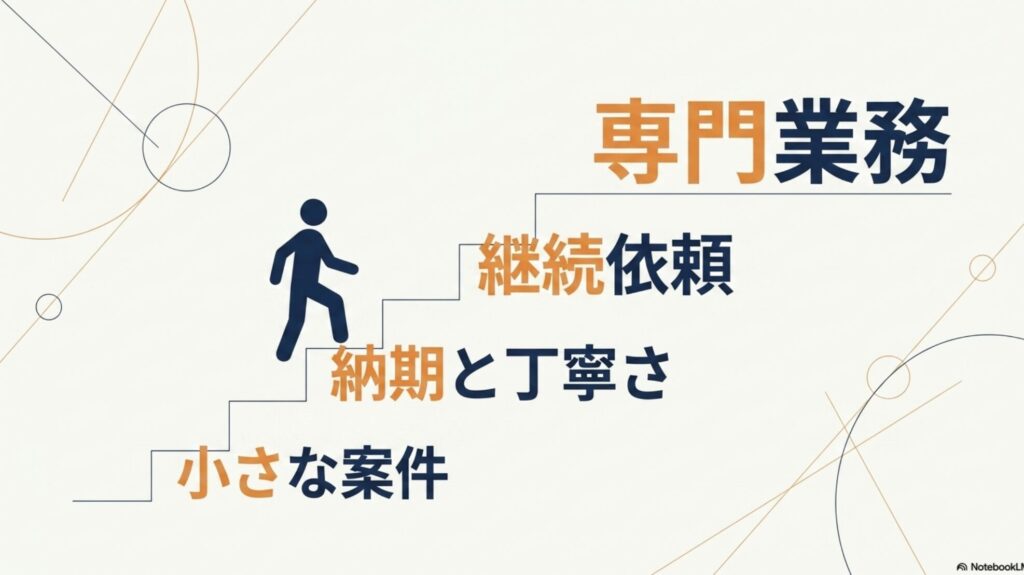 オンライン秘書のメリット・デメリットと失敗しない始め方 : 小さな案件 から始まり、納期と丁寧さ を重視して継続依頼へ繋げ 、専門業務へステップアップする 流れを示すスライド。