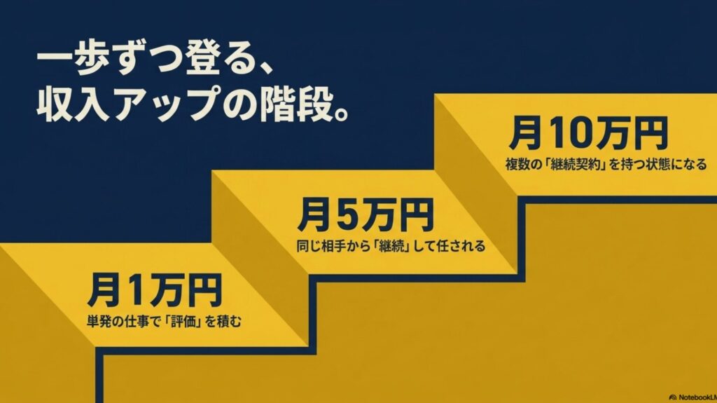オンライン秘書になるには？未経験の始め方完全ガイド : 月1万円の単発の仕事で評価を積み、月5万円の同じ相手から継続して任される段階を経て、月10万円で複数の継続契約を持つ状態になるという収入アップの階段を示す図解