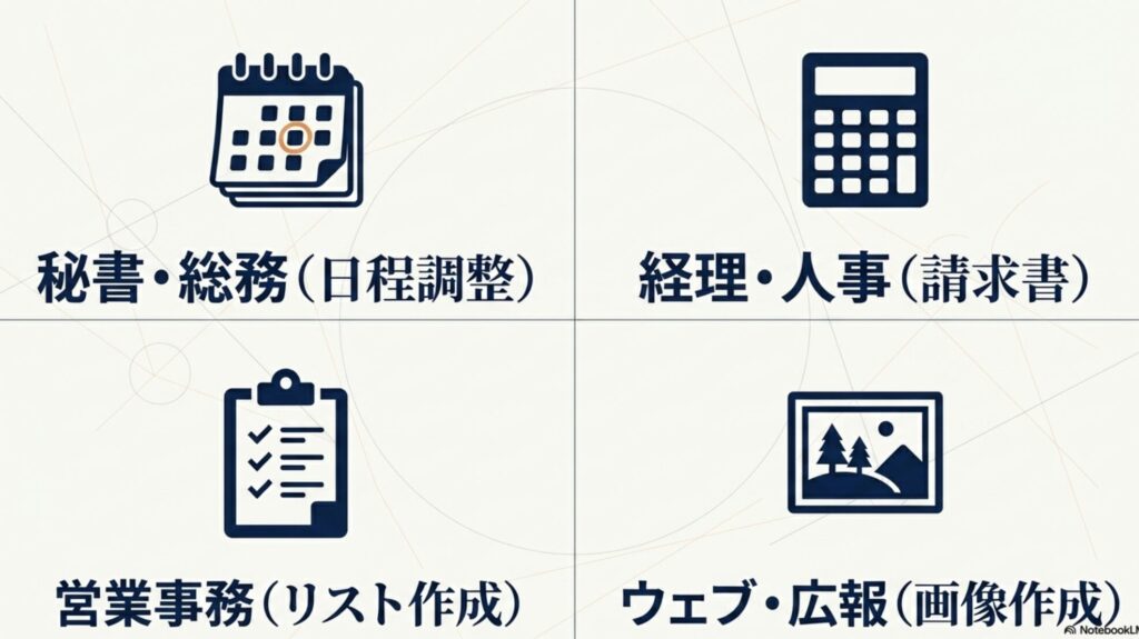 オンライン秘書のメリット・デメリットと失敗しない始め方 : 秘書・総務(日程調整) 、経理・人事(請求書) 、営業事務(リスト作成) 、ウェブ・広報(画像作成) の4つの業務カテゴリを示すアイコンスライド。