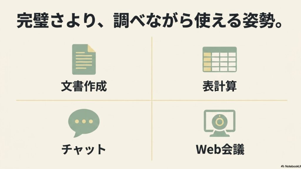 オンライン秘書の怪しい評判を検証!安全な副業の選び方 : 文書作成、表計算、チャット、Web会議など、完璧さよりも調べながら使える姿勢が大切であることを示す図解