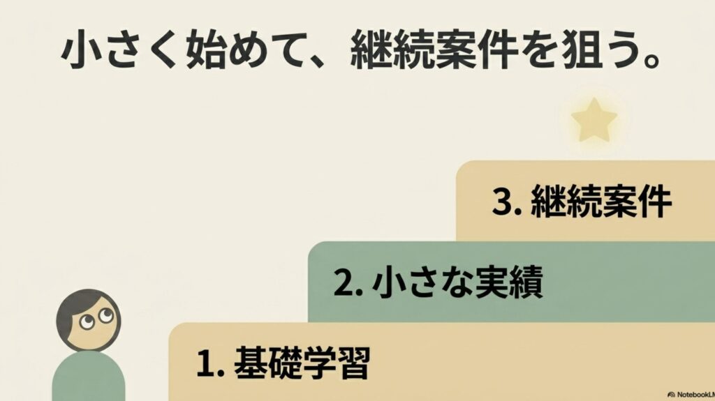 オンライン秘書の怪しい評判を検証!安全な副業の選び方 : 基礎学習から小さな実績を作り、継続案件を狙うという3つのステップを示す図解