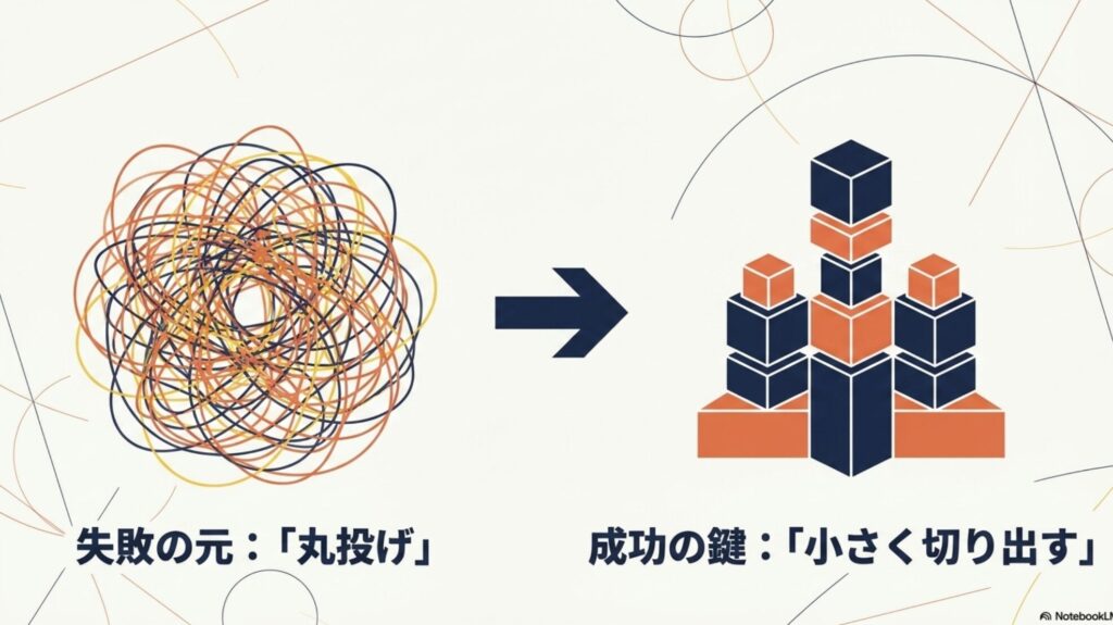 オンライン秘書のメリット・デメリットと失敗しない始め方 : 失敗の元は丸投げであり 、成功の鍵は小さく切り出すこと であることを図解したスライド。