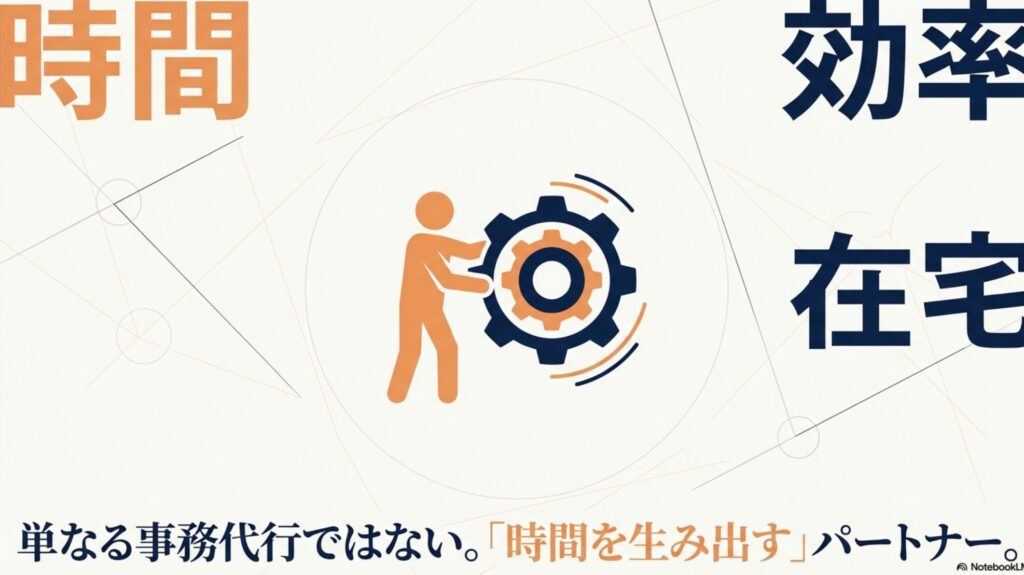 オンライン秘書のメリット・デメリットと失敗しない始め方 : 時間 、効率 、在宅 をテーマとし、オンライン秘書は単なる事務代行ではなく時間を生み出すパートナーであることを示すスライド 。