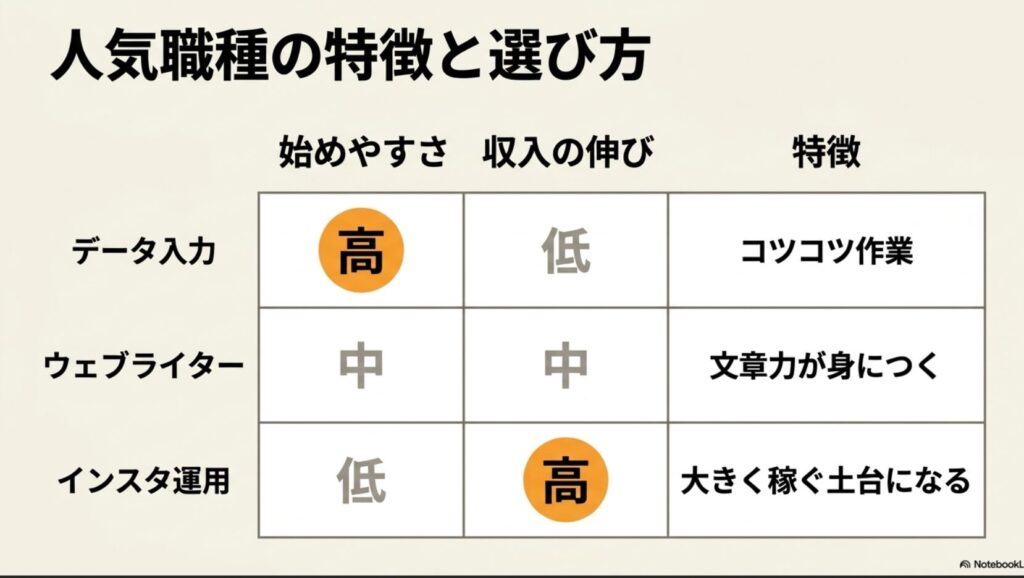 在宅ワークのメリットとデメリットを筆者の体験談から徹底解説 : 人気職種の特徴と選び方 。データ入力 、ウェブライター 、インスタ運用 の3職種について、始めやすさや収入の伸びなどの特徴を比較した表 。