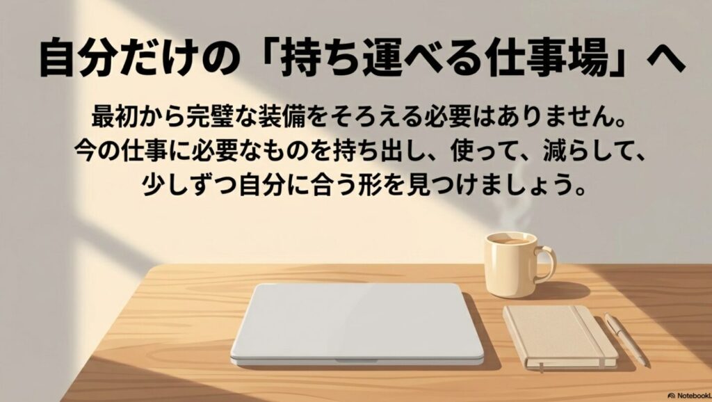 ノマドワーカーの持ち物│ガジェットやバッグのおすすめ完全ガイド : 「自分だけの「持ち運べる仕事場」へ」という見出しで、使って減らして自分に合う形を見つけるよう促しています 。