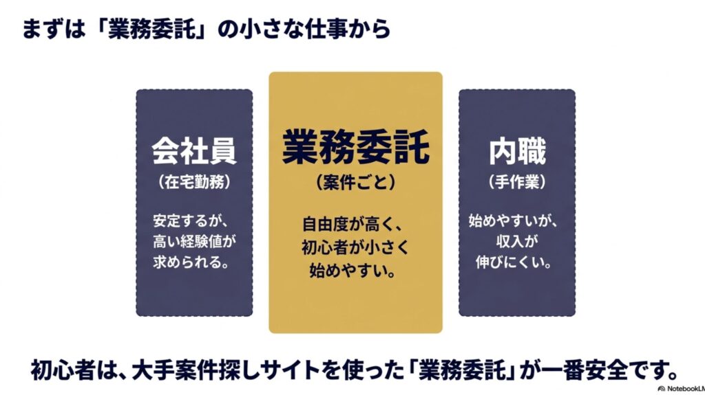 在宅ワークの始め方と初心者向けの探し方を実体験で解説 : 会社員(在宅勤務)、業務委託、内職の働き方の比較。初心者は大手案件探しサイトを使った業務委託が一番安全に始められることを示す図。