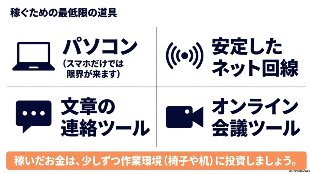 在宅ワークの始め方と初心者向けの探し方を実体験で解説 : 在宅ワークで稼ぐための最低限の道具として、パソコン、安定したネット回線、連絡ツール、オンライン会議ツールを紹介する図。