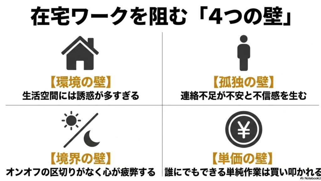 在宅ワークのつらい・難しい現実と収入を伸ばす具体策集 : 在宅ワークを阻む環境の壁、孤独の壁、境界の壁、単価の壁という4つの課題をまとめたイラスト。