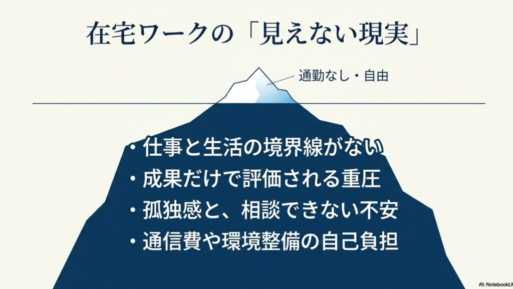 在宅ワークは羨ましいしずるい？出社組の本音と働く現実 : 仕事と生活の境界線がないことや成果評価の重圧、孤独感など、自由な一方で存在する在宅ワークの見えない現実をまとめた図