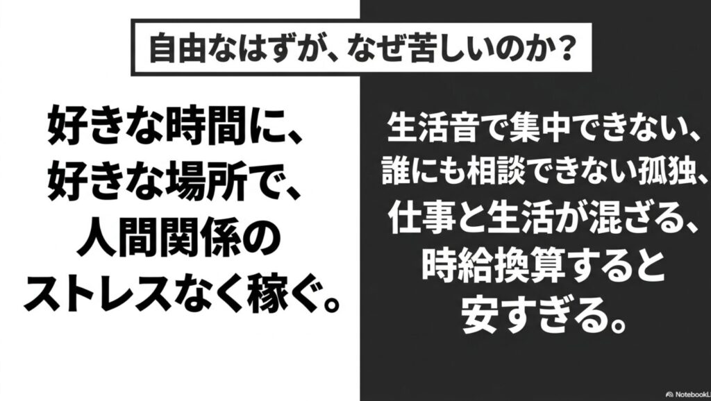 在宅ワークのつらい・難しい現実と収入を伸ばす具体策集 : 好きな時間・場所で人間関係のストレスなく稼げる理想に対し、生活音、孤独、オンオフの混同、低単価など現実の苦しさを比較した図。