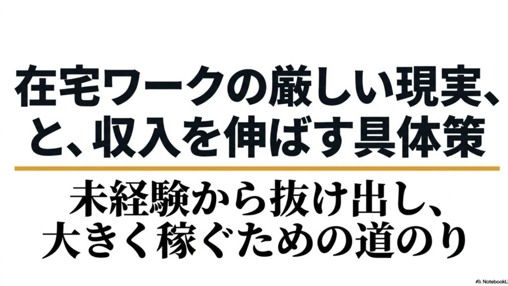 在宅ワークのつらい・難しい現実と収入を伸ばす具体策集 : 在宅ワークの厳しい現実と、未経験から抜け出し大きく稼ぐための道のりを示すタイトルスライド。